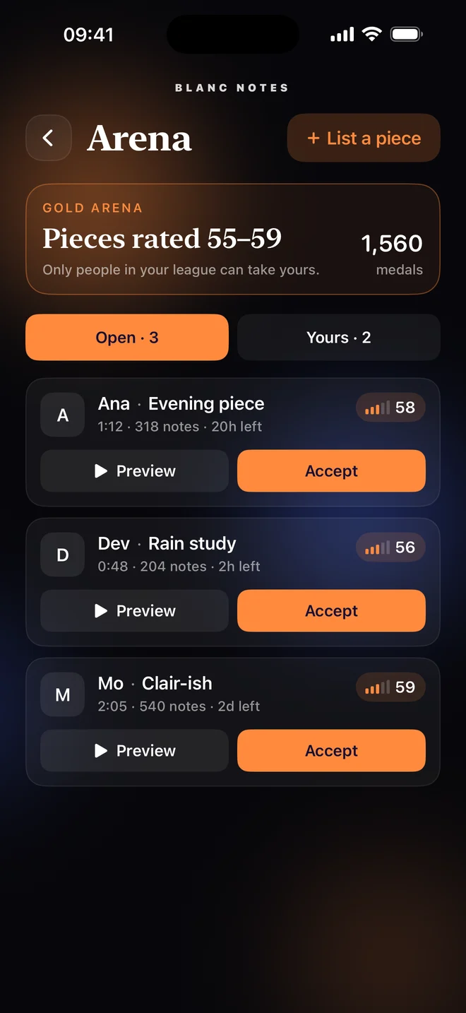 The arena: pieces listed by players in your league