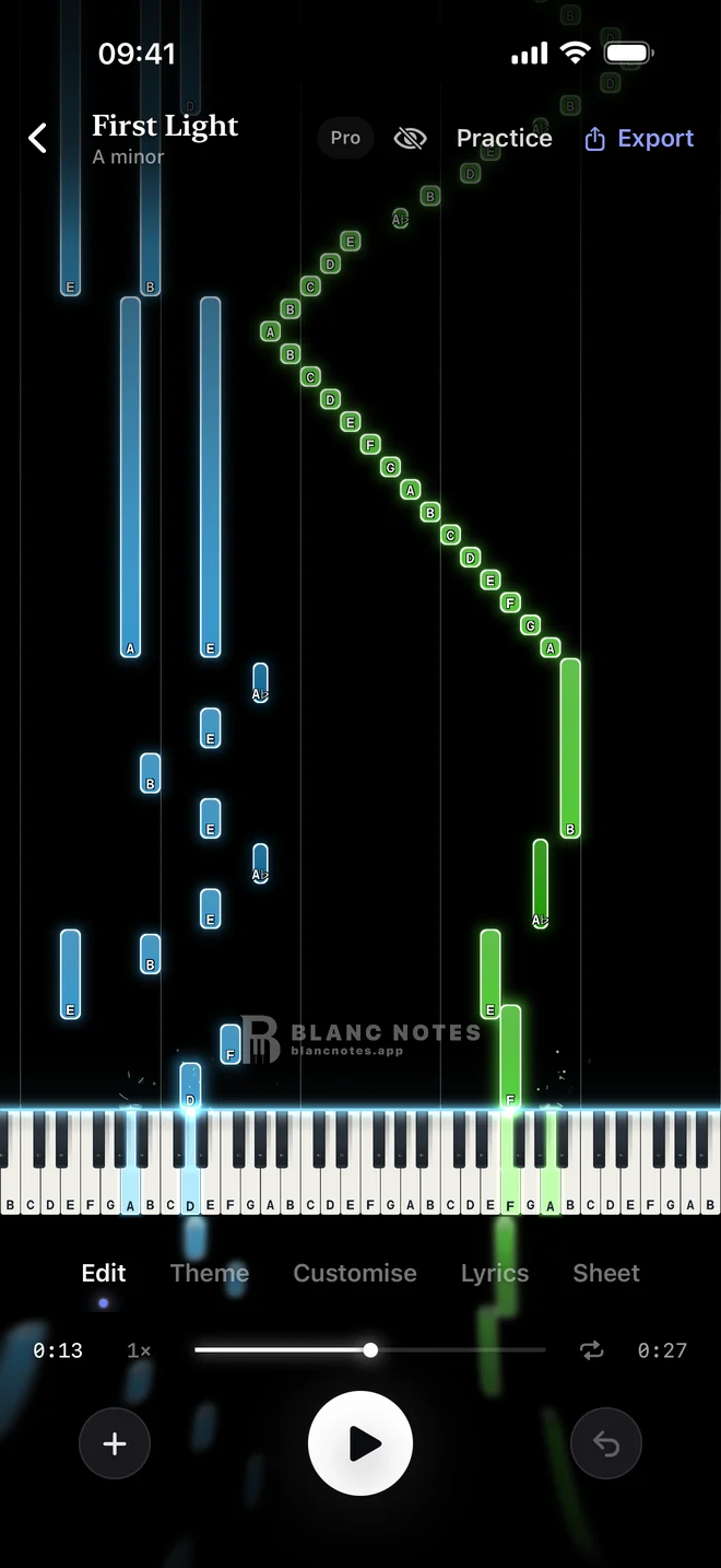 The studio: notes falling onto a lit keyboard, with Edit, Theme, Customise, Lyrics and Sheet below