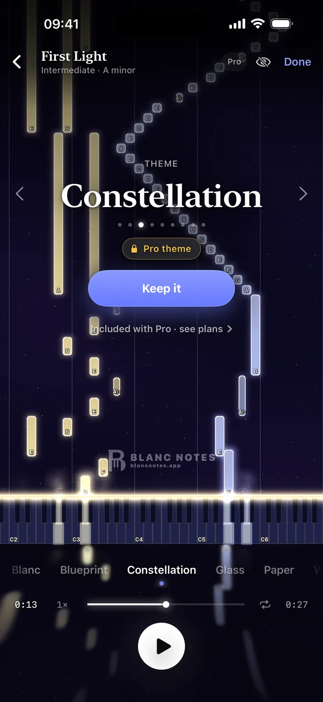 The Constellation theme previewed on First Light, with Keep it
